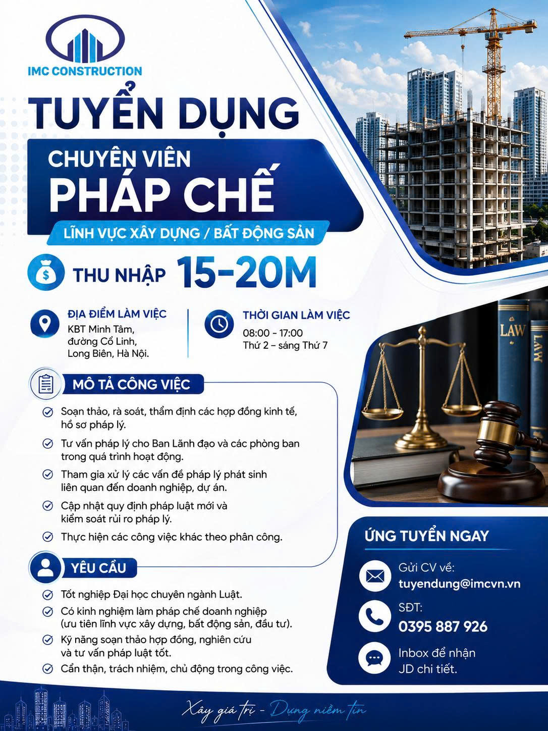 📢 TUYỂN DỤNG CHUYÊN VIÊN PHÁP CHẾ (LĨNH VỰC XÂY DỰNG/BẤT ĐỘNG SẢN) – THU NHẬP 15-20M
